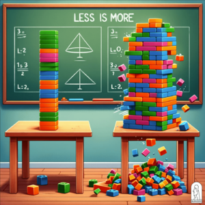 Cartoon illustration showing the principle of additive bias, with a stable stack of blocks on one side and an unstable, tipping stack on the other side, symbolizing the negative effects of adding too much